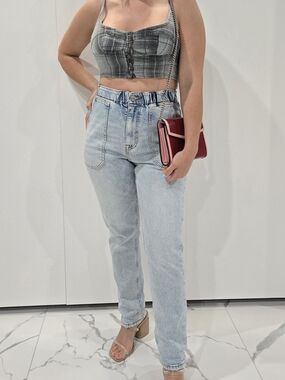 DRIFTWOOD High Elastic Waisted Utility Paperbag Denim Blue Mom Light Jeans Sz 27